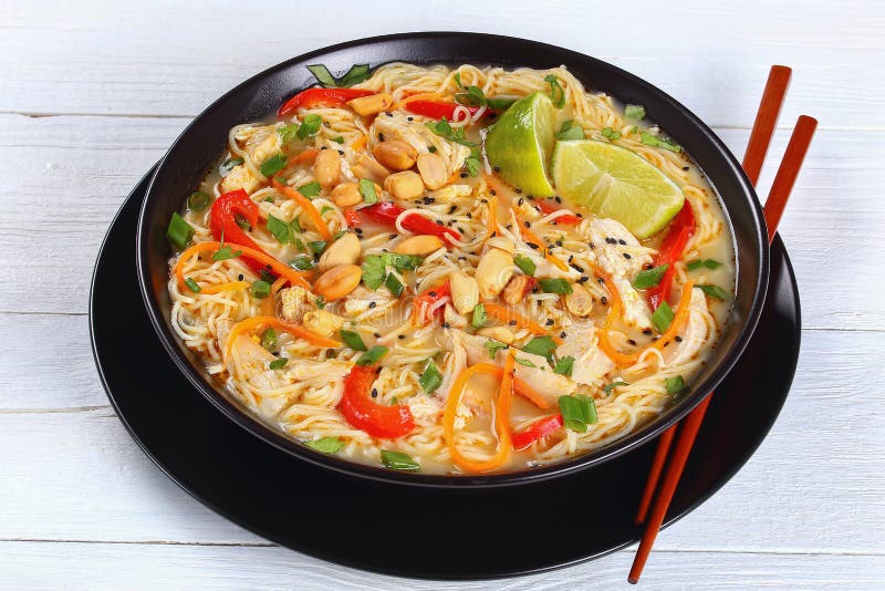 Tasty Thai Chicken noodle soup, close-up
