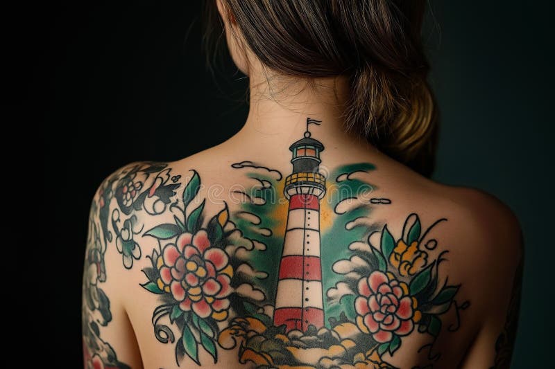 Tatouage de phare sur les femmes retour avec motifs floraux. illustration libre de droits