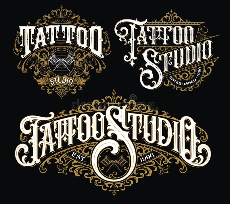 Tatouage étiquetage vintage avec l'ensemble des lettres du logo. Le tatouage très détaillé symbolise les insignes de logo et des i