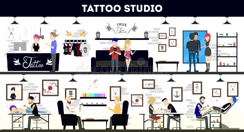 Tatouez la conception intérieure de studio, les maîtres de tatouage et les clients illustration stock Tatouez la conception intérieure de studio, les maîtres de tatouage et les clients illustration stock