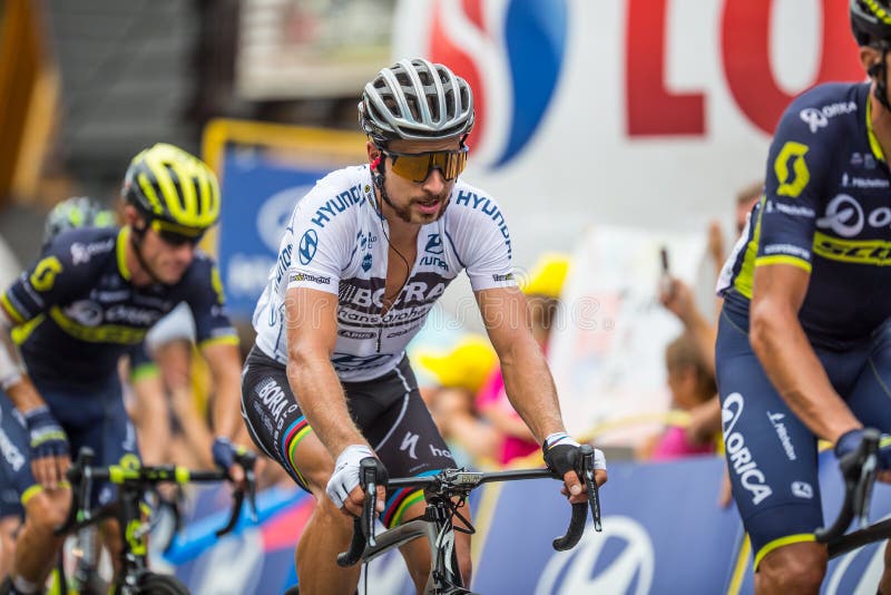 Tatranska Bukowina, Polen 4 AUGUSTUS 2017: Peter Sagan op 74 Tour DE Pologne stock foto's Tatranska Bukowina, Polen 4 AUGUSTUS 2017: Peter Sagan op 74 Tour DE Pologne stock foto's
