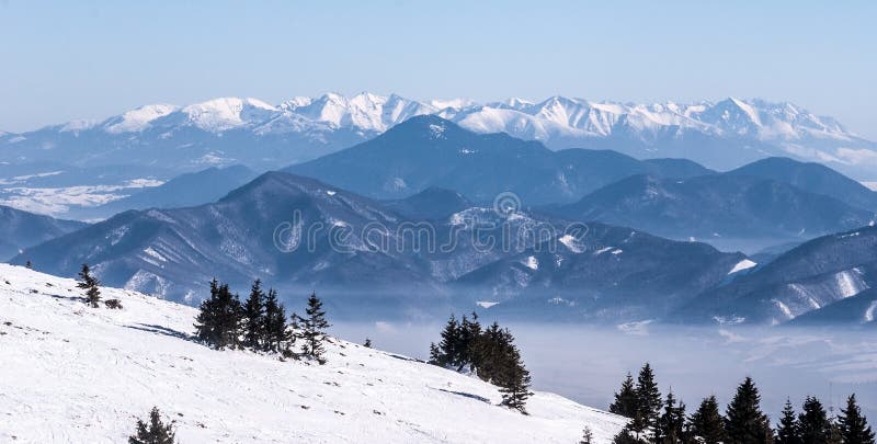 Tatras mountain range from Martinske hole ski resort in winter Mala Fatra mountains in Slovakia