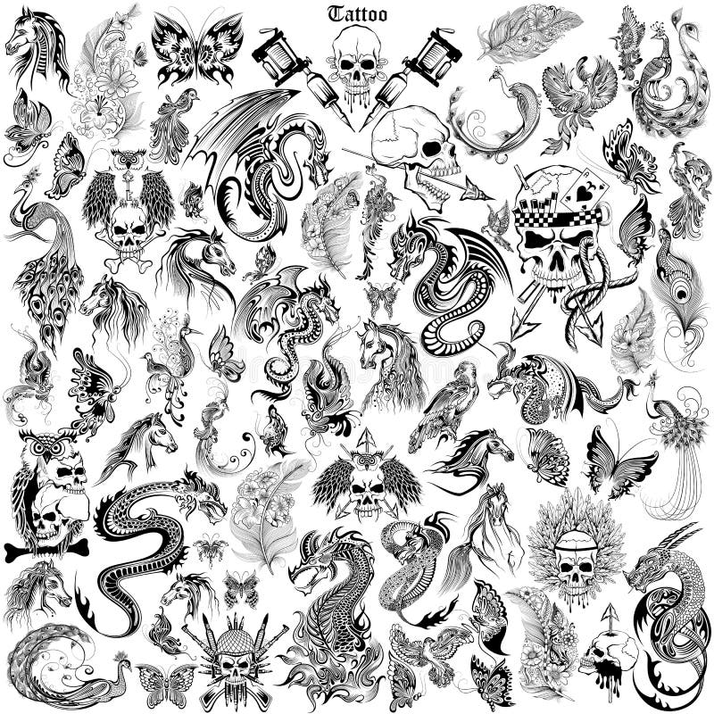 Tattoo art design of Skull, Horse, Dragon anf Flora collection vector illustration Tattoo art design of Skull, Horse, Dragon anf Flora collection vector illustration
