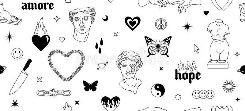 Tattoo art 1990s, 2000s. Y2k seamless pattern. Butterfly, fire, flame, chain, heart, greek statue. vector illustration