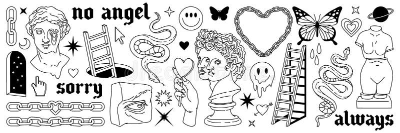 Tattoo art 1990s, 2000s. Y2k stickers. Butterfly, barbed wire, fire, flame, chain, heart. royalty free illustration
