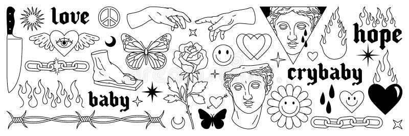 Tattoo art 1990s, 2000s. Y2k stickers. Butterfly, barbed wire, fire, flame, chain, heart.