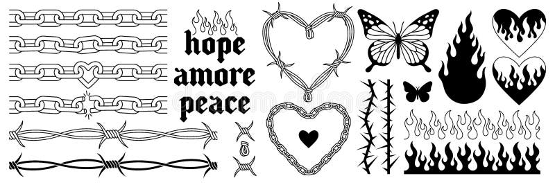 Tattoo art 1990s, 2000s. Y2k stickers. Butterfly, barbed wire, fire, flame, chain, heart.