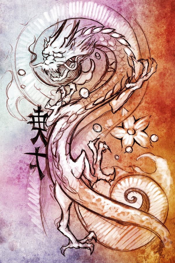 Tattoo Art, Sketch Of A Japanese Dragon Stock Illustration