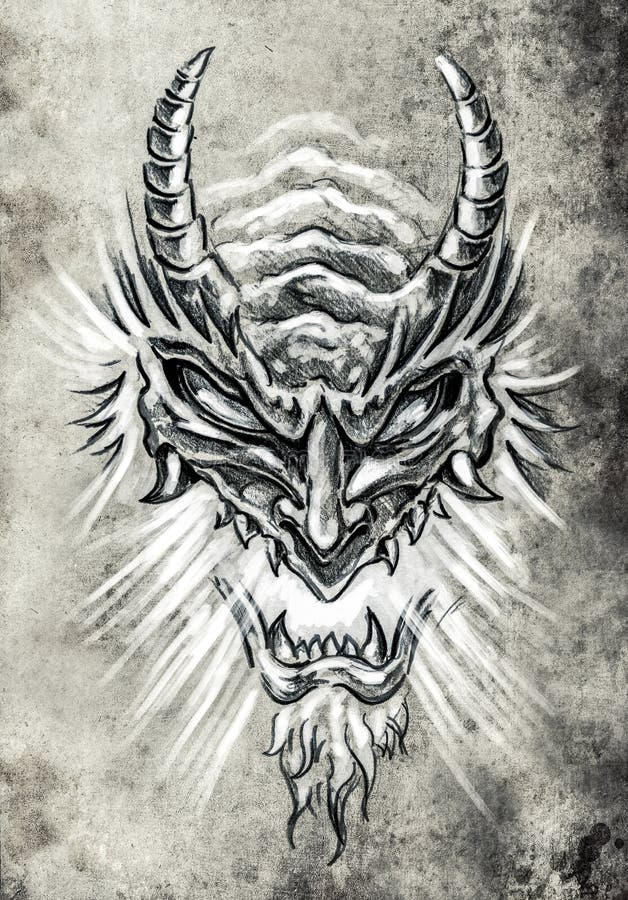 Tattoo Art, Sketch Of A Japanese Monster Mask Stock ...