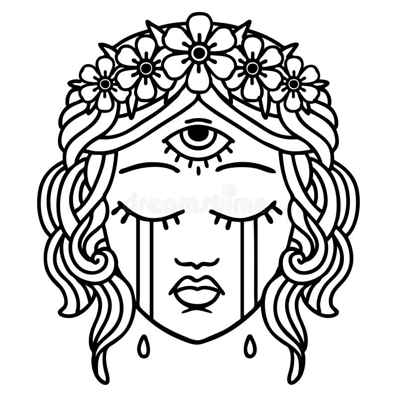 black line tattoo of female face with third eye crying