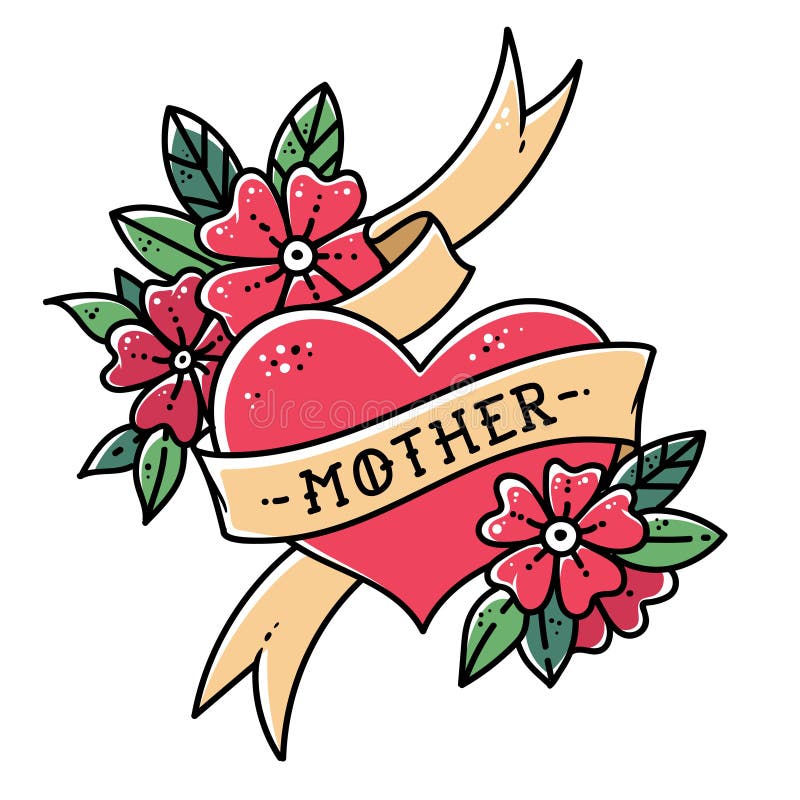 Tattoo Heart with Ribbon, Flowers and Word Mother. Old School Retro ...