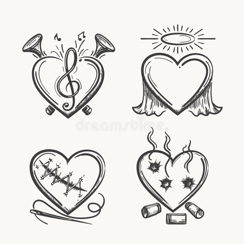 Tattoo hearts. Hand drawn heart icons vector illustration. Angel of music, needle and bullets isolated on white