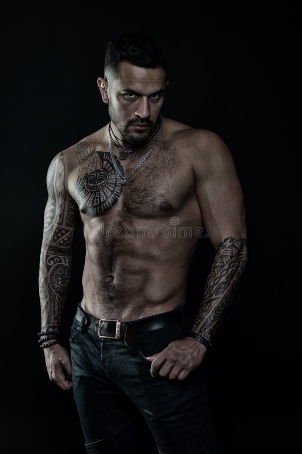 Tattoo Model with Six Pack and Ab. Bearded Man with Tattooed Body. Man with  Bare Torso in Jeans Stock Image - Image of biceps, hispanic: 117786359