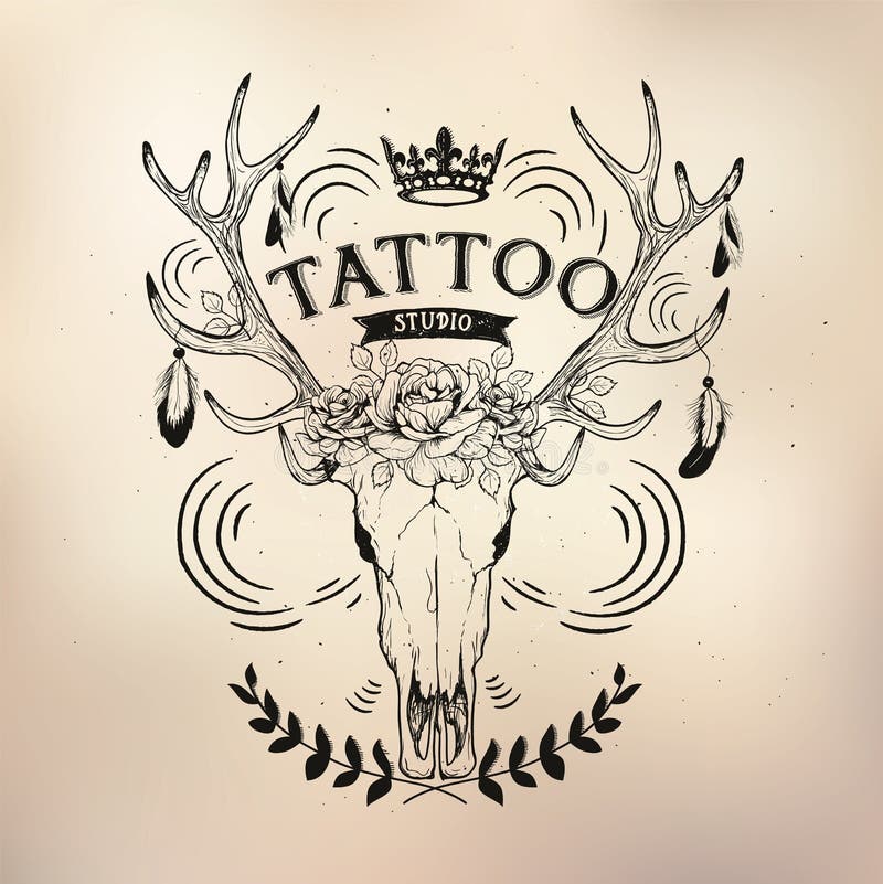 Tattoo Old School Studio Skull Deer Stock Vector - Illustration of seal,  crown: 72347359