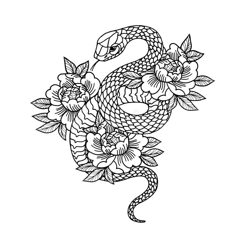 Tattoo with rose and snake with sacred geometry frame.