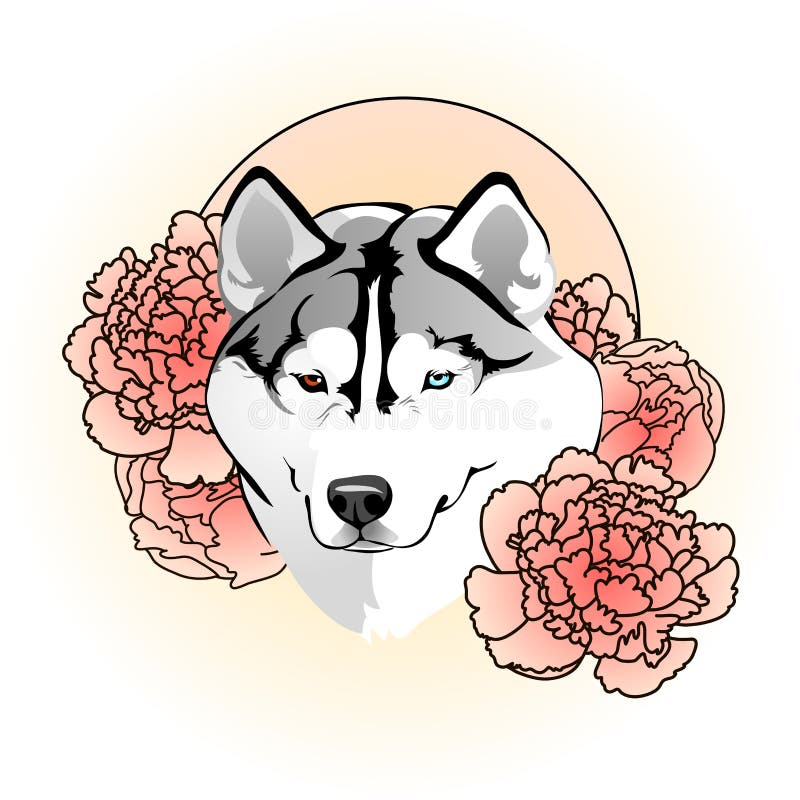 Tattoo sketch  Beautiful tender female dog breed Siberian husky in the colors of peonies