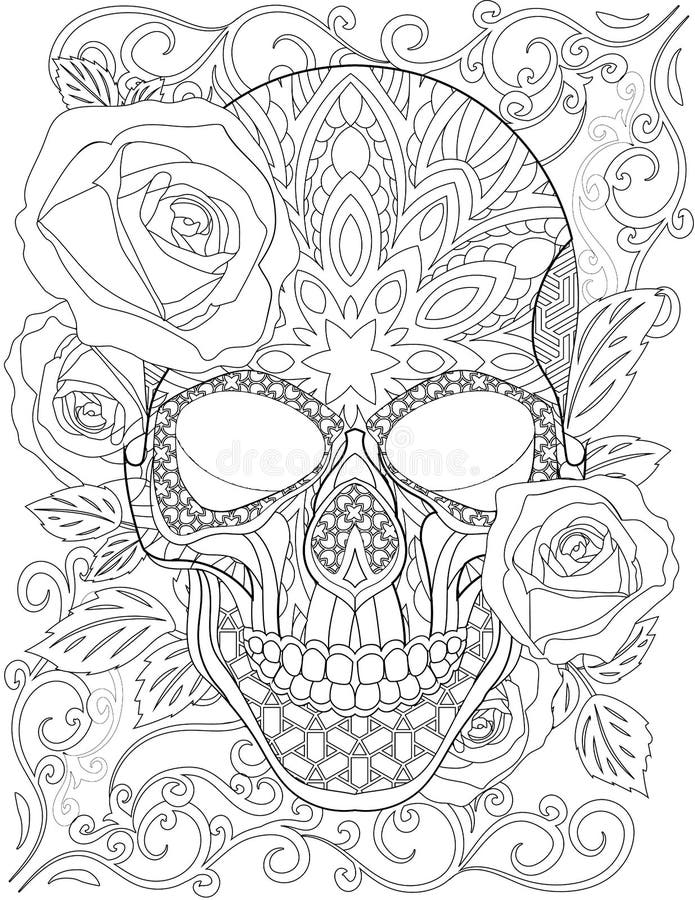 Tattoo Skull Line Drawing Surrounded by Pretty Roses and Pleasant ...