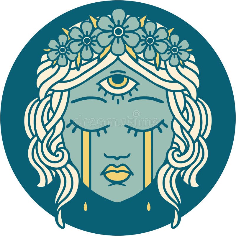 tattoo style icon of female face with third eye crying