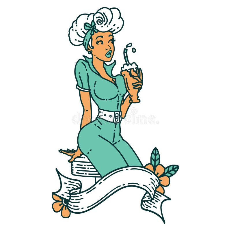 tattoo style icon of a pinup girl drinking a milkshake with banner