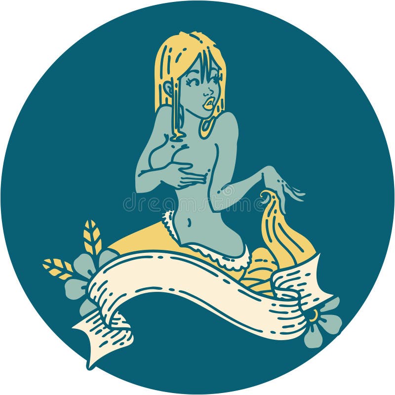 tattoo style icon of a pinup mermaid with banner