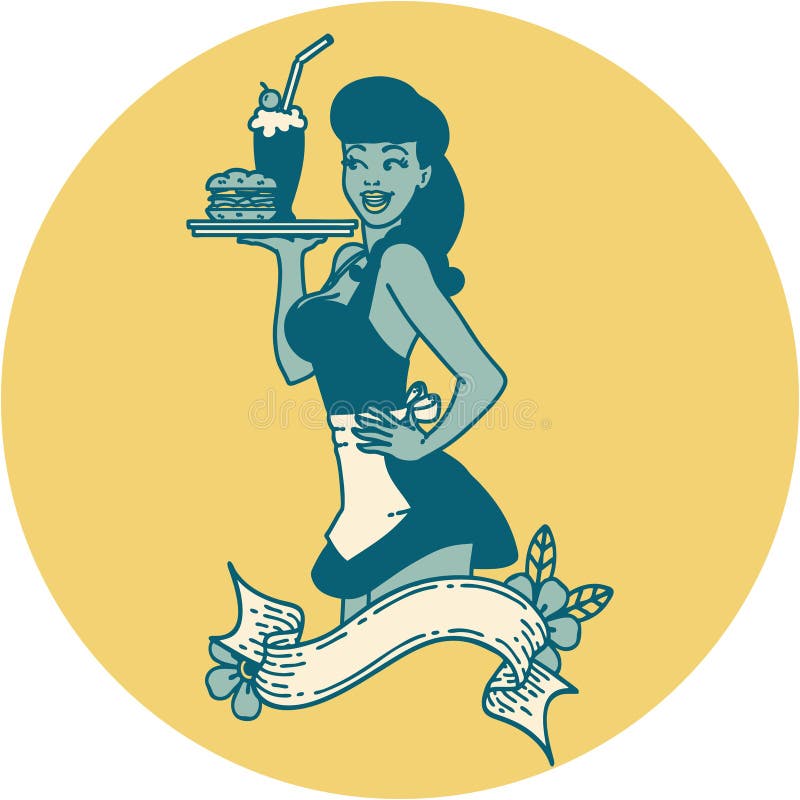 tattoo style icon of a pinup waitress girl with banner