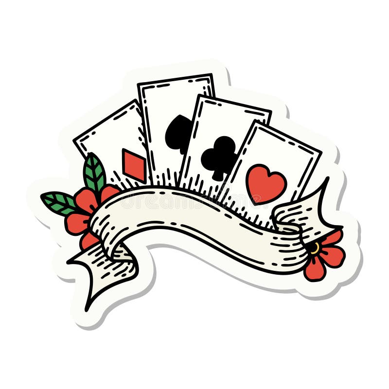 tattoo style sticker of cards and banner