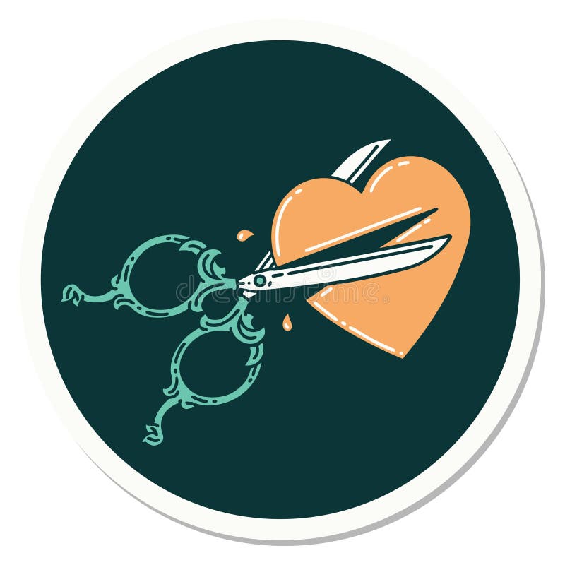 tattoo style sticker of scissors cutting a heart