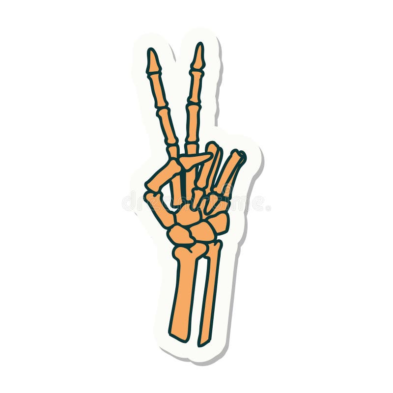 tattoo style sticker of a skeleton hand giving a peace sign