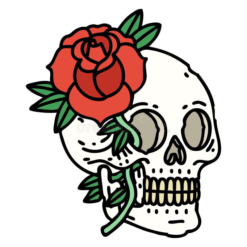 Traditional Tattoo of a Skull and Rose Stock Vector - Illustration of ...