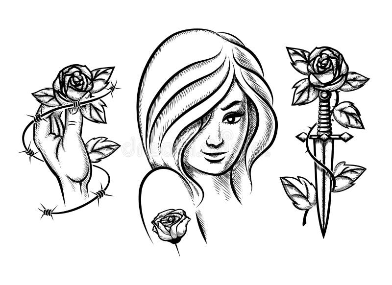 Tattoos. Beauty Girl, Knife, Rose and Barbed Wire Stock Vector ...