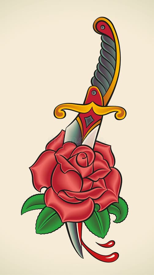 Tatuagem da velha escola - punhal através de Rosa ilustração stock Tatuagem da velha escola - punhal através de Rosa ilustração stock