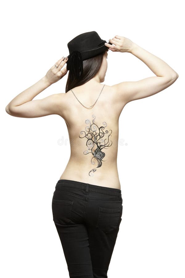Tatuagem provisória da arte corporal na parte traseira da fêmea imagem de stock Tatuagem provisória da arte corporal na parte traseira da fêmea imagem de stock