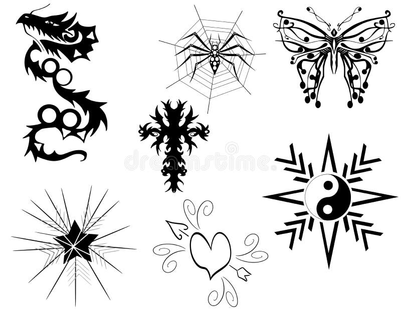 Conjunto de tatuagens com diferentes temas, a preto e branco, artísticas, isoladas ilustração stock