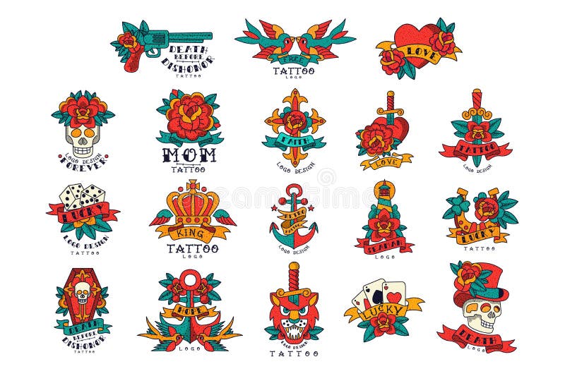 Tatuagens de Colorfull no grupo do estilo do vintage de ilustrações do vetor ilustração stock Tatuagens de Colorfull no grupo do estilo do vintage de ilustrações do vetor ilustração stock