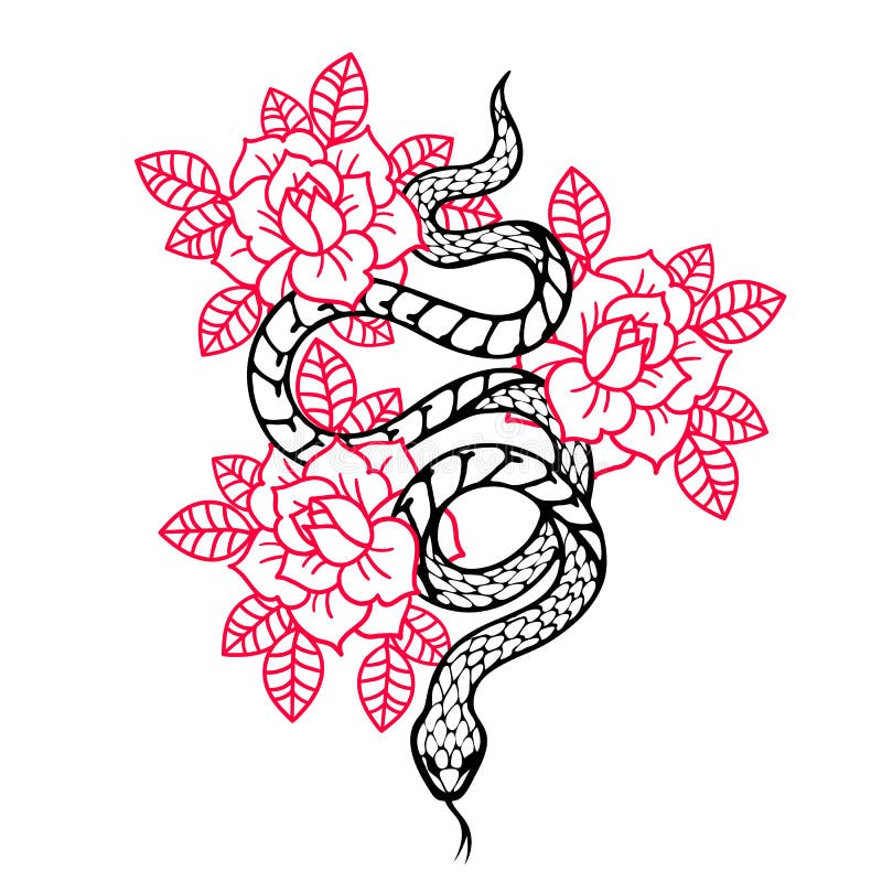 Tatuaje con rosa y serpiente. tinta de estilo negro tradicional.