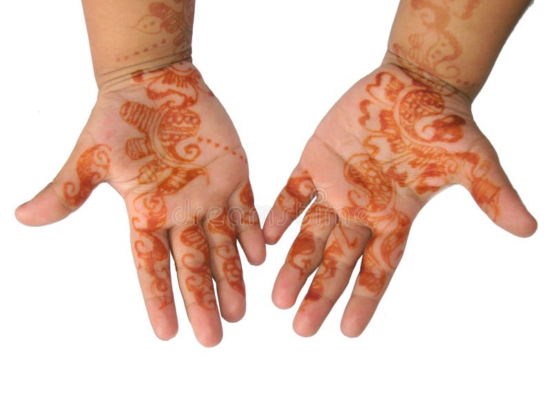 Image of little girl:s hands with henna applied on white back ground.A custom in indian fuctions. Image of little girl:s hands with henna applied on white back ground.A custom in indian fuctions.