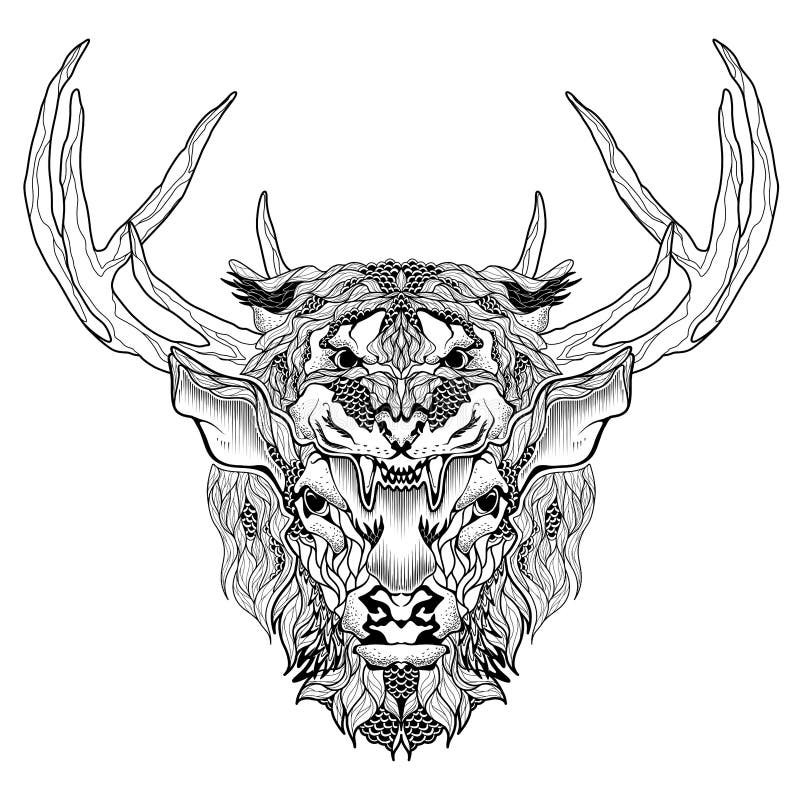 Tatuaje principal de los ciervos y del tigre psicodélico, estilo del zentangle libre illustration Tatuaje principal de los ciervos y del tigre psicodélico, estilo del zentangle libre illustration