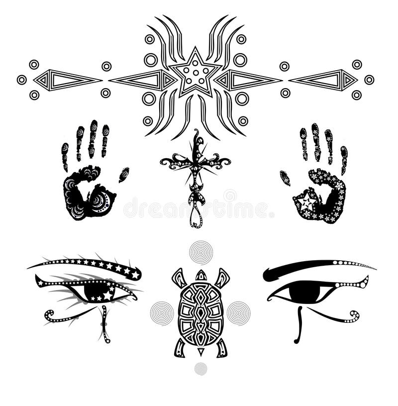 Set de tatuajes decorativos, blanco y negro, artístico, aislado ilustración del vector