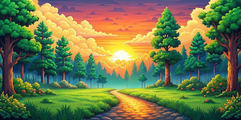 Tauchen Sie ein in einen Retro 8 Bit Pixel Kunstwald ein atemberaubendes Video Game Background mit faszinierenden Pixeln vektor abbildung