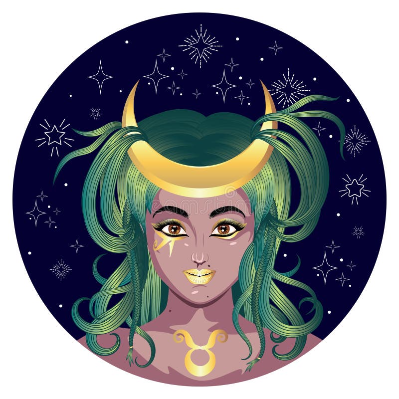 Taurus Girl with Crescent Moon Stock Vector - Illustration of hair ...