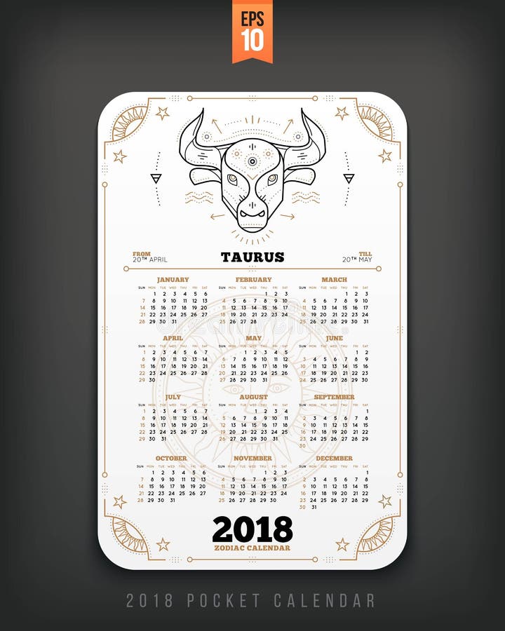 Taurus 2018 Year Zodiac Calendar Pocket Size Vertical Layout Stock