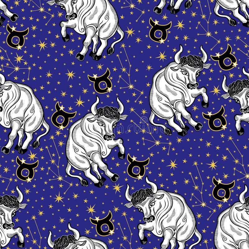 Taurus zodiac sign,constellation, stars.Horoscope. One Taurus ,zodiac signs ,constellation, stars in Horoscope seamless pattern.Golden stars,white Taurus on blue stock illustration Taurus zodiac sign,constellation, stars.Horoscope. One Taurus ,zodiac signs ,constellation, stars in Horoscope seamless pattern.Golden stars,white Taurus on blue stock illustration