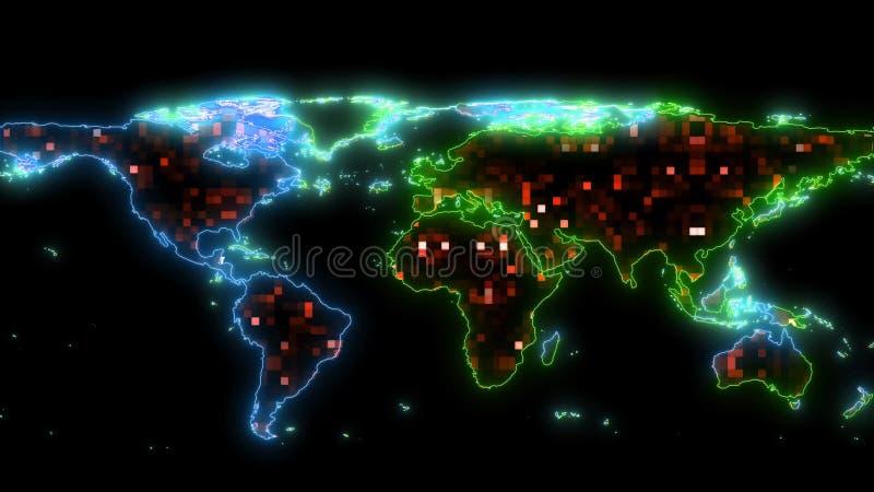 Tausend digitale, grüne, winzige globale Karte mit schwarzem Bildschirm lizenzfreie abbildung