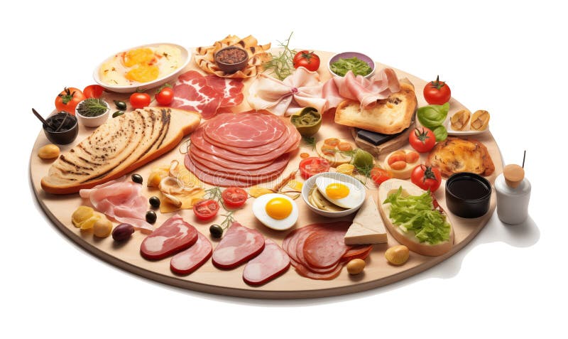 Tavola da colazione con uova di formaggio al prosciutto e verdure isolate su fondo trasparente. royalty illustrazione gratis