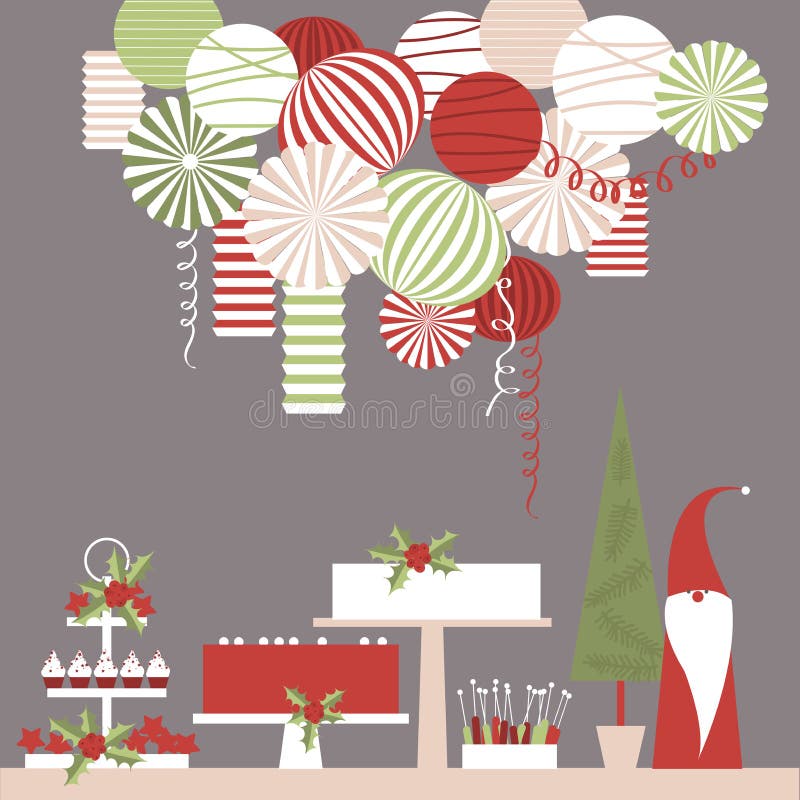 Tavola del dessert di Natale e lanterne di carta royalty illustrazione gratis Tavola del dessert di Natale e lanterne di carta royalty illustrazione gratis