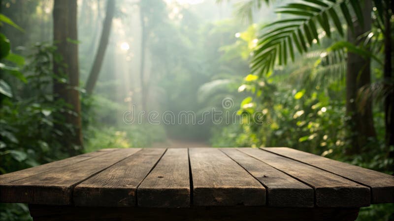 Tavola di legno nella giungla Misty Bokeh Sfondo orizzontale Composizione Natura Sfondo della giungla illustrazione di stock