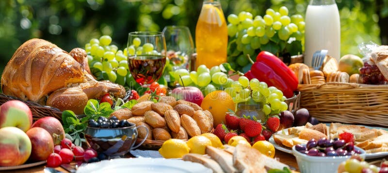 Tavola di legno ornata con un assortimento di snack e bevande in un ambiente picnic affascinante. illustrazione vettoriale