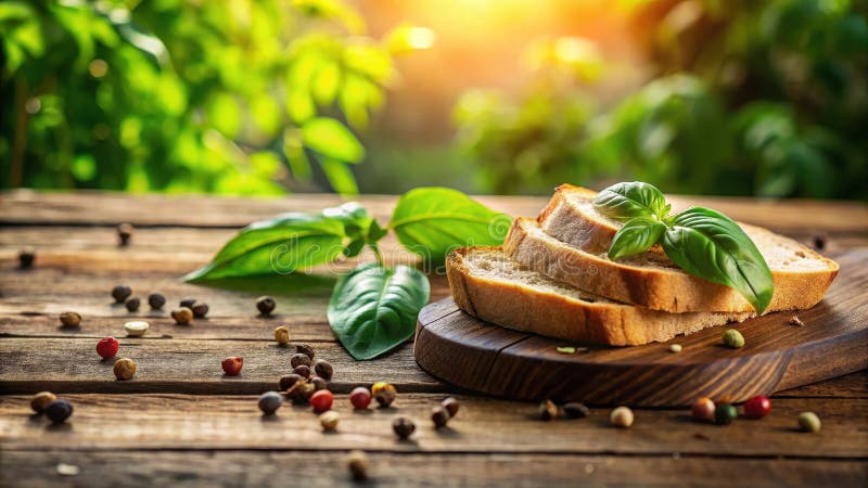 Tavola di legno rustica con pane a fette, basilico fresco e pepe colorate in ambiente esterno soleggiato. Immagine estetica. Generative AI