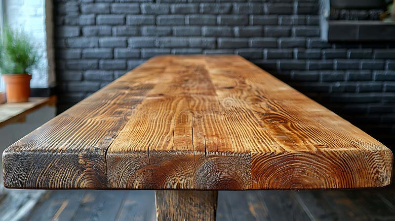 Tavola di legno rustica contro una parete di mattoni scuri sfocata. Una trama calda e invitante ideale per la presentazione di pro illustrazione vettoriale