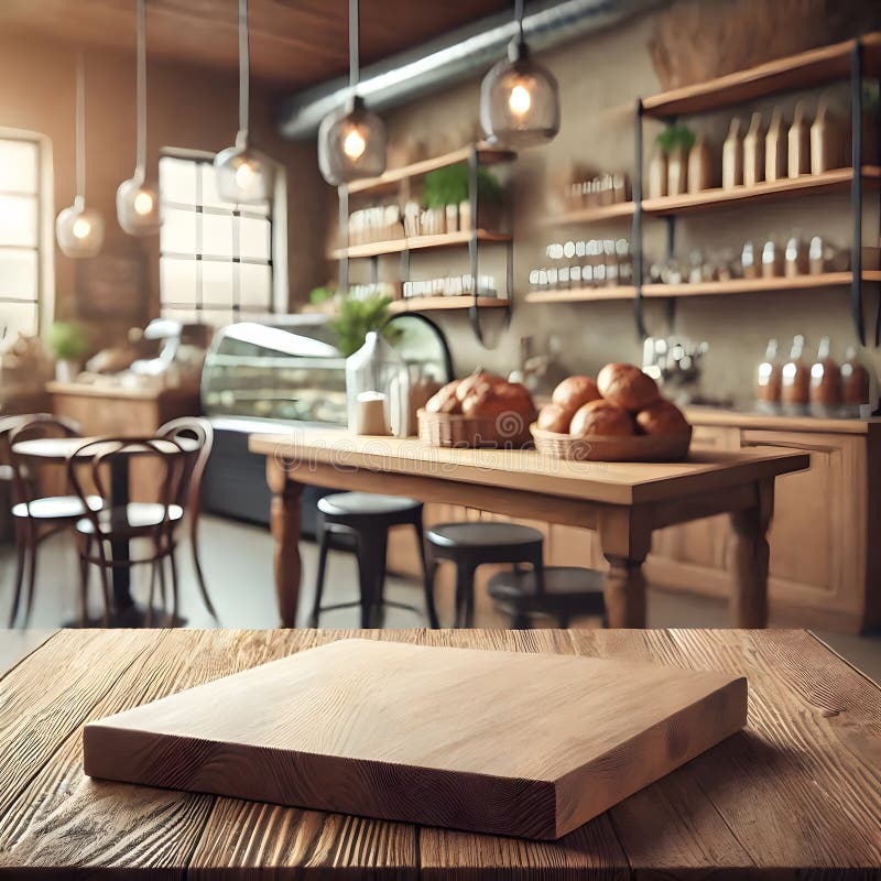 Tavola di legno in un bar di cucina con ripiani per il pane e luci pendenti illustrazione di stock